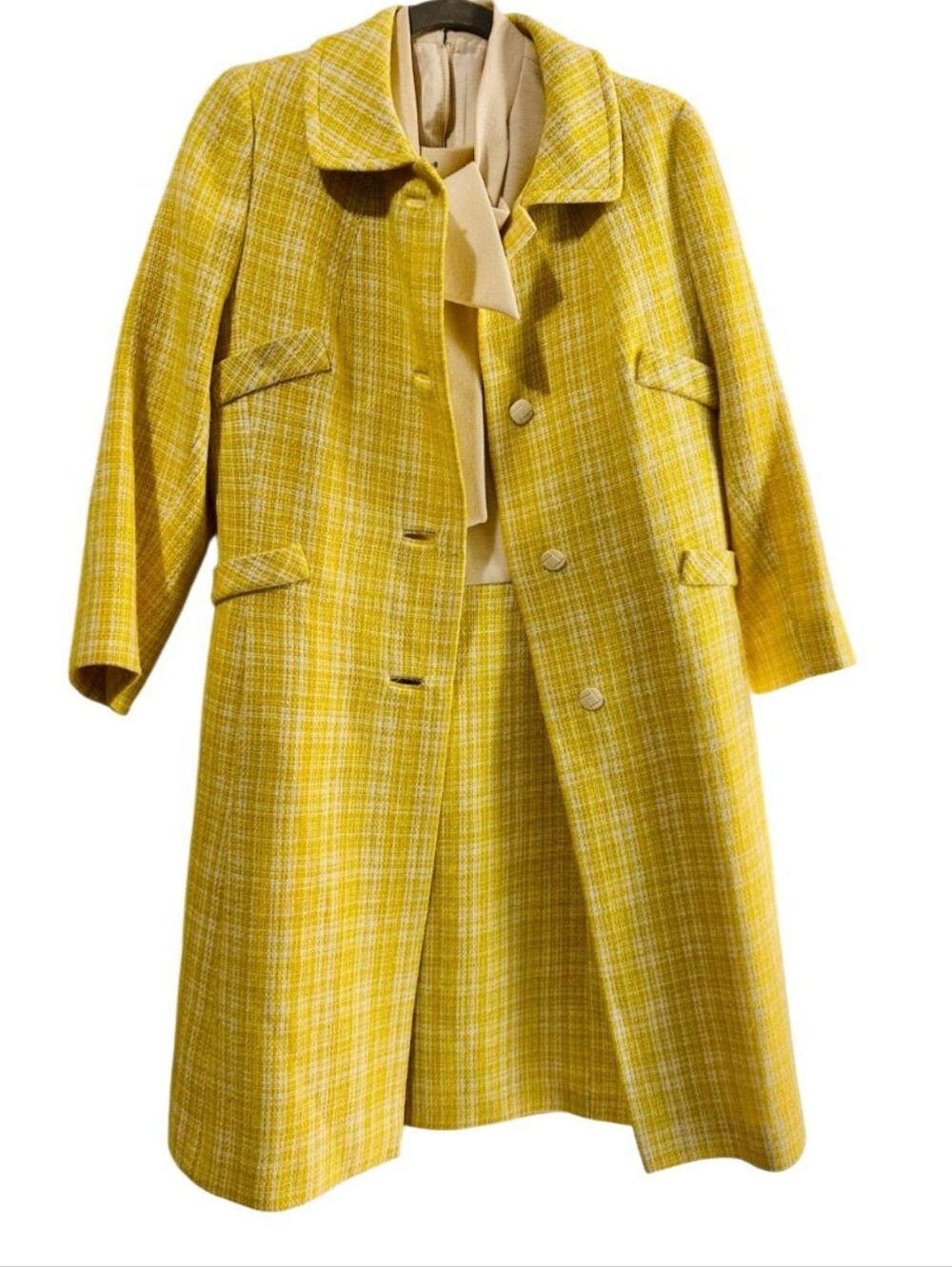 Rare 1960s FASHIONBILT Ivory Yellow Plaid 2-Piece Dress & Coat Ensemble M